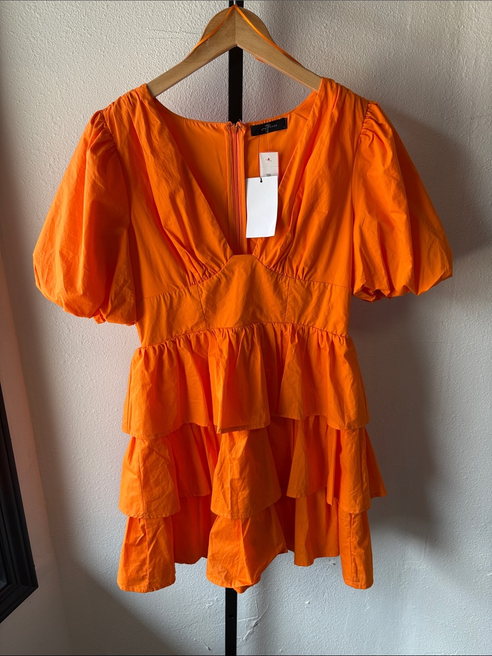 Bright Orange Tiered Mini Dress with Puff Sleeves